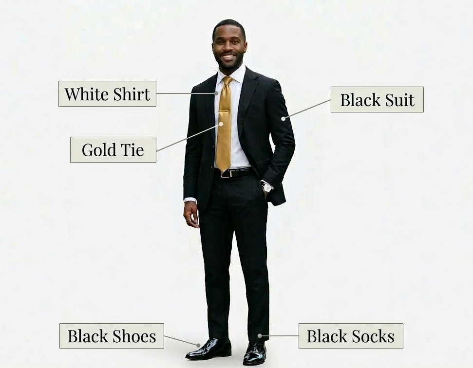 Diagram of a brother in Alpha attire, labeled: white shirt, gold tie, black suit, black socks, black shoes.