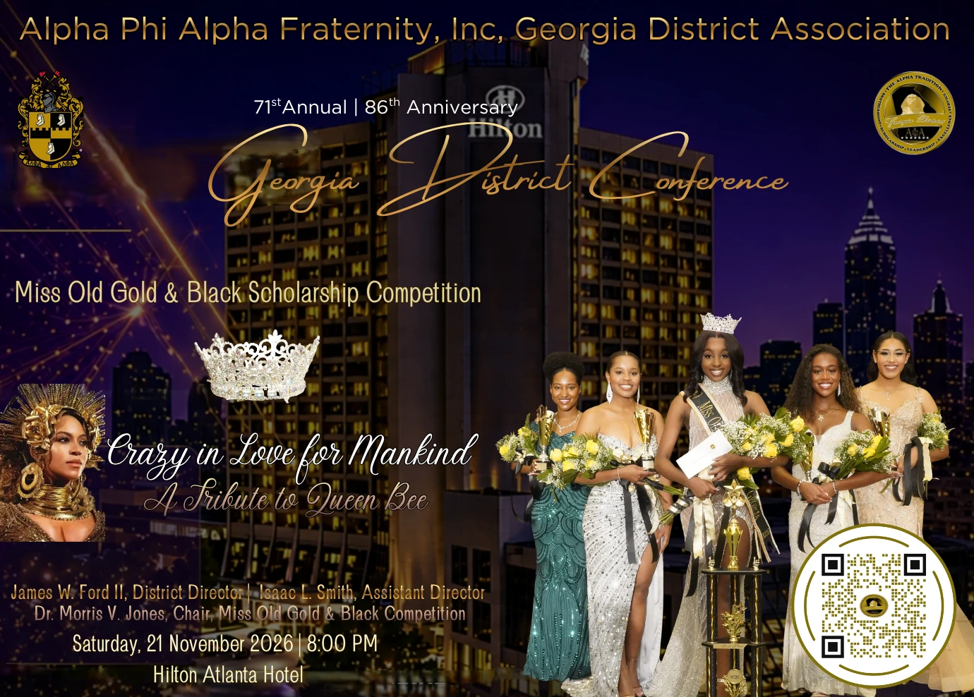 Miss Old Gold and Black Scholarship Competition flyer, Saturday, 21 November 2026, 8:00 PM, Hilton Atlanta Hotel.